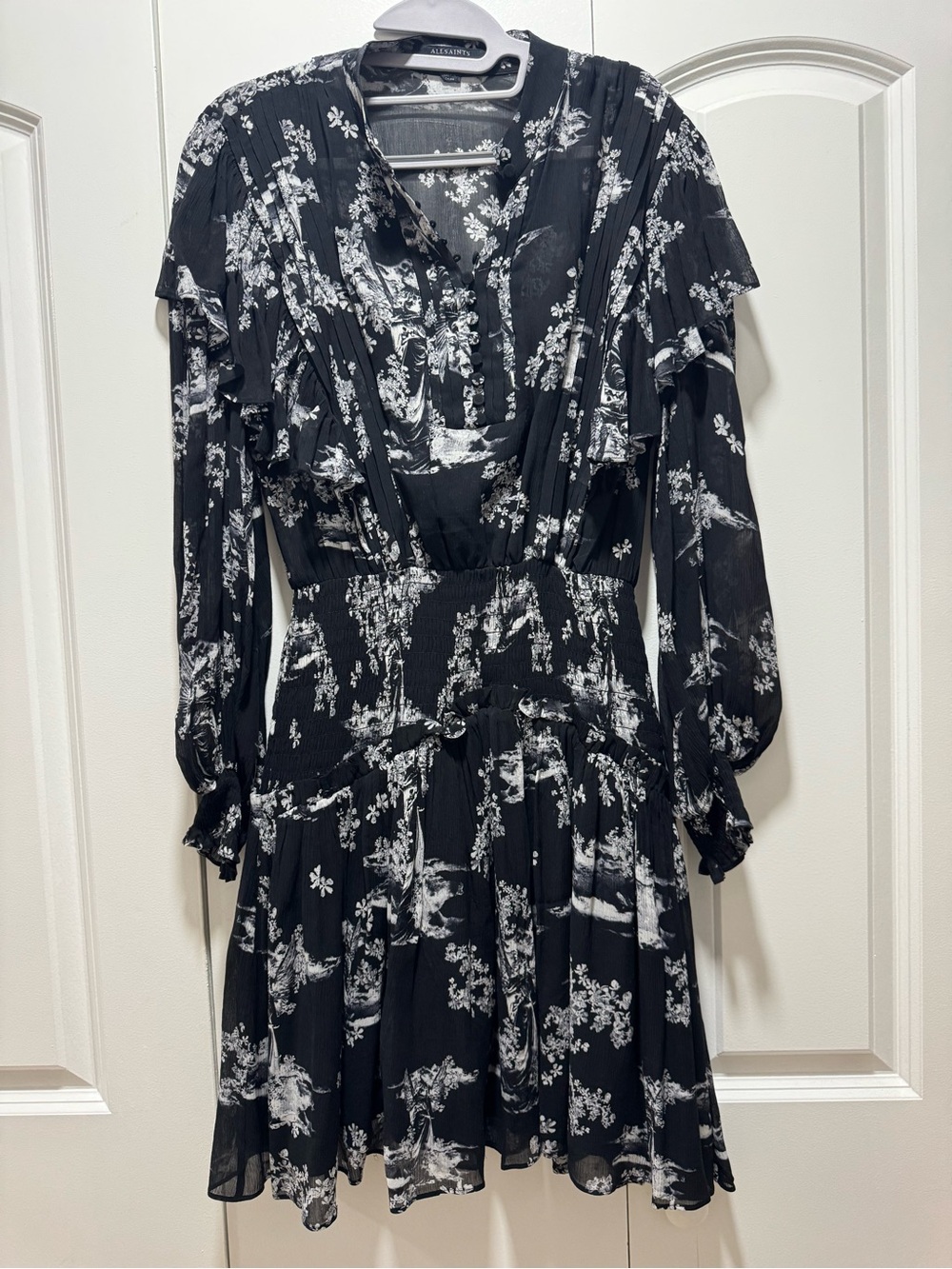 AllSaints Black and White Floral Tiered Long Sleeve Dress